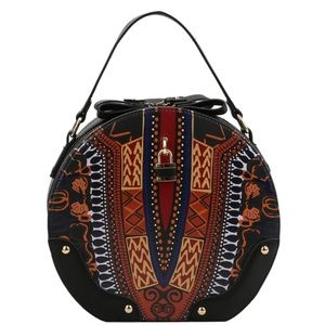 Black Dashiki Print Vegan Leather Round Handbag